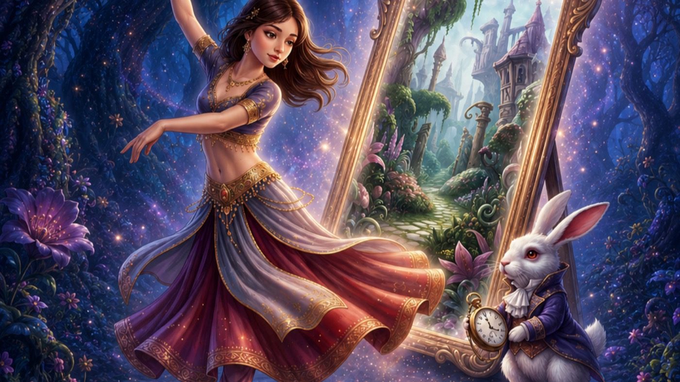 Alicia bailando frente a un espejo mágico en el cartel de Una Bailarina en el País de las Maravillas